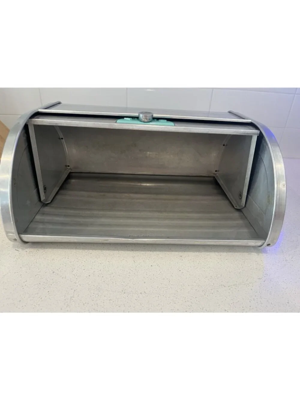 VTG 1950s Maid of Honor Aluminum Bread Box Aqua Turquoise Plaque Pull MCM VG